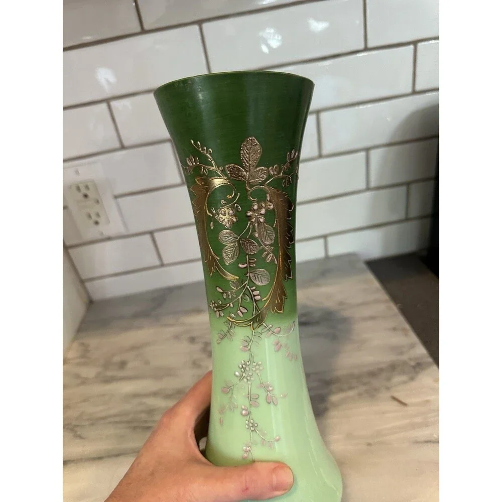 Opaline Two Tone Green Art Glass Gilt Flowers Hand Painted Vase Victorian 11.5